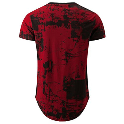 KLIEGOU Mens Hipster Hip Hop Ripped Round Hemline Pattern Print T Shirt 86 Red Wine L