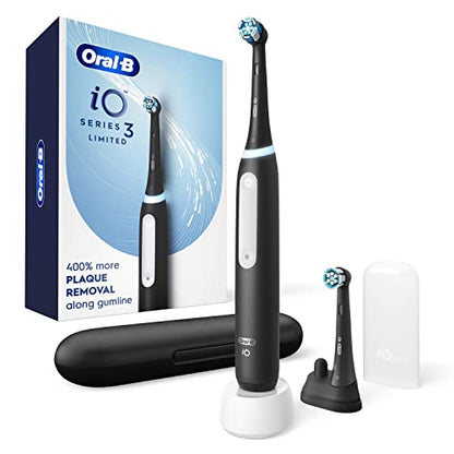 Oral-B iO Series 3 Limited Rechargeable Electric Powered Toothbrush, Black with 2 Brush Heads and Travel Case - Visible Pressure Sensor to Protect Gums - 3 Modes - 2 Minute Timer