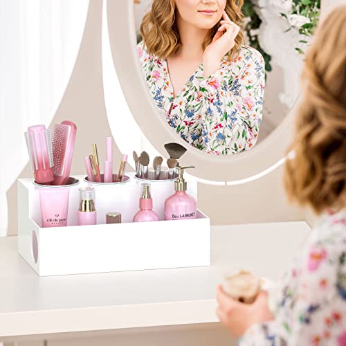 NIUBEE Hair Tool Organizer, White Acrylic Hair Dryer and Styling Holder, Bathroom Countertop Blow Dryer Holder, Vanity Caddy Storage Stand for Accessories, Makeup, Toiletries