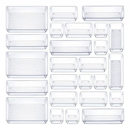 25 Pcs Drawer Organizer Set Dresser Desk Drawer Dividers - 4 Size Bathroom Vanity Cosmetic Makeup Trays - Multipurpose Clear Plastic Storage Bins for Jewelries, Kitchen Gadgets and Office Accessories