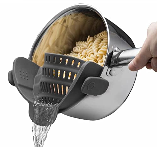 Kitchen Gizmo Snap N Strain Pot Strainer and Pasta Strainer - Adjustable Silicone Clip On Strainer for Pots, Pans, and Bowls - Kitchen Colander, Kitchen Gadgets, Noodle Strainer, Food Strainer - Gray