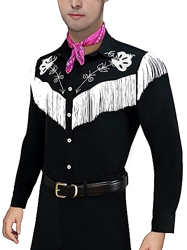 Naywig Ken Cowboy Costume With Scarf Western Long Sleeve Fringe Shirt Halloween Cosplay For Mens Boys-X-Large