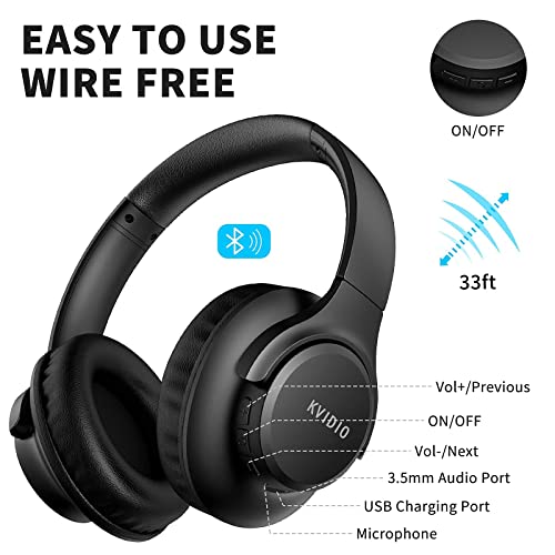 KVIDIO [Updated] Bluetooth Headphones Over Ear, 65 Hours Playtime Wireless Headphones with Microphone,Foldable Lightweight Headset with Deep Bass,HiFi Stereo Sound for Travel Work Cellphone