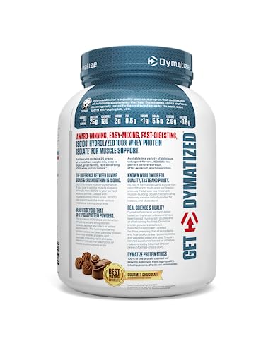 Dymatize ISO100 Hydrolyzed Protein Powder, 100% Whey Isolate Protein, 25g of Protein, 5.5g BCAAs, Gluten Free, Fast Absorbing, Easy Digesting, Gourmet Chocolate, 3 Pound