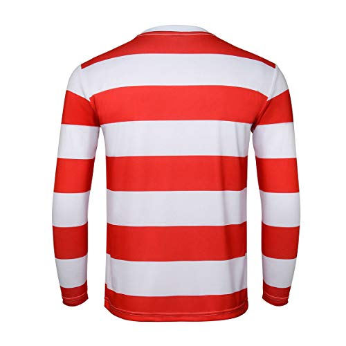 Adult Men Red and White Striped Tee Shirt Glasses Hat Outfit Suit Set Halloween Cosplay Costume Party Props (X-Large, Adult Men)