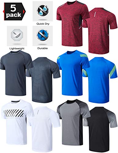 5 Pack Men’s Active Quick Dry Crew Neck T Shirts | Athletic Running Gym Workout Short Sleeve Tee Tops Bulk (Set 2, Large)