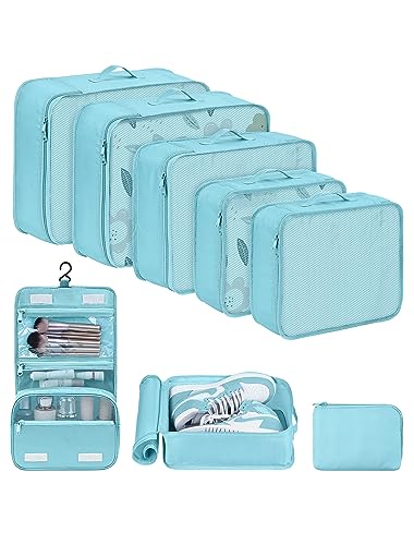 DIMJ Packing Cubes Suitcase, 8 Pieces Packing Cubes for Travel, With Toiletry Bag Hanging, Packing Cubes Carry on Luggage Cubes Packing for Clothes, Shoes, Underwear, Cosmetics, Travel Essentials (Blue）