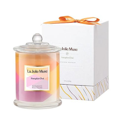 LA JOLIE MUSE Pumpkin Candles, Fall Candle, Pumpkin Chai Scented Candles, Luxury Candle Gifts, Natural Soy Wax, 75 Hours Long Burning Time, Autumn Candle Gift