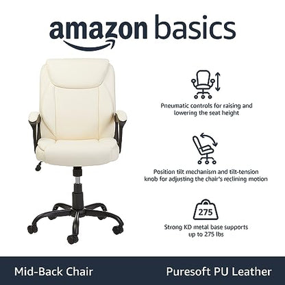 Amazon Basics Classic Puresoft PU Padded Mid-Back Office Computer Desk Chair with Armrest - Cream, 26"D x 23.75"W x 42"H