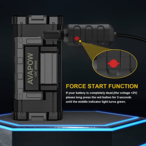 AVAPOW 6000A Car Battery Jump Starter(for All Gas or up to 12L Diesel) Powerful Starter with Dual USB Quick Charge and DC Output,12V Pack Built-in LED Bright Light