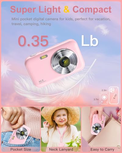 Digital Camera, FHD 1080P Kids Camera with Neck Lanyard 32GB Card Battery, Anti-Shake 16X Digital Zoom, 44MP Point Shoot Cameras, Compact Portable Small Gift Camera for Kid Teen Student Girl Boy(Pink)