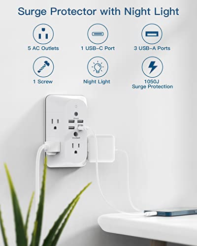Outlet Extender with Night Light, Surge Protector, Power Strip, 5 Outlet Splitter (3 Side) and 4 USB Charger(1 USB C), USB Wall Charger, Multi Plug Outlets for Home, Office, Dorm Room Essentials