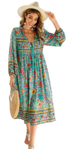 R.Vivimos Women's Long Sleeve Floral Print Retro V Neck Tassel Bohemian Midi Dresses (2XL, Green)