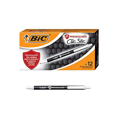 BIC PrevaGuard Clic Stic Ballpoint Pen With Built-in Protection To Suppress Bacteria Growth, Medium Point (1.0mm), Black, 12-Count