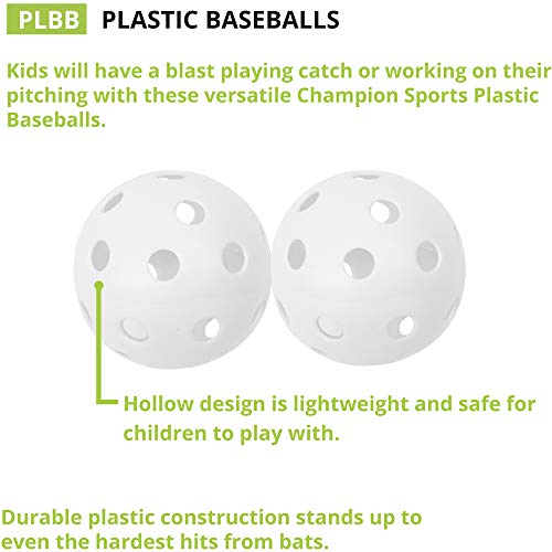 Champion Sports 9" Hollow Plastic Baseballs - Athletic Baseball Equipment - Practice Baseballs Plastic Hollow - Regulation Size Balls - Fun for All Ages - Lightweight/Durable - Pack of 12