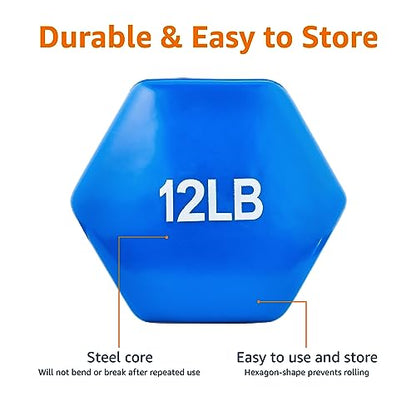 Amazon Basics Vinyl Hexagon Workout Dumbbell Hand Weight, 12 Pounds, Set of 2, Blue