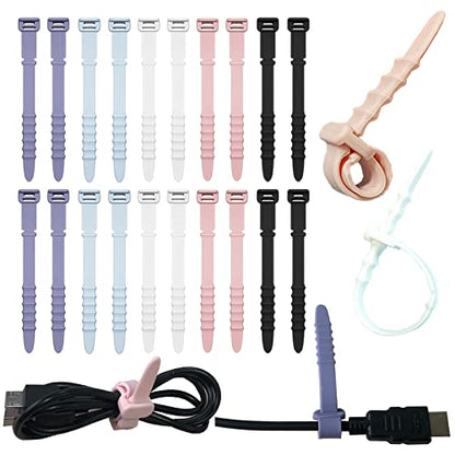 Silicone Zip Ties, Reusable Zip Ties, 20pcs Rubber Cable Ties Straps for Wire Management, Elastic Cable Organizer for Home Office Table Desk. 4.5” Cord Ties in White, Black, Pink, Purple and Blue