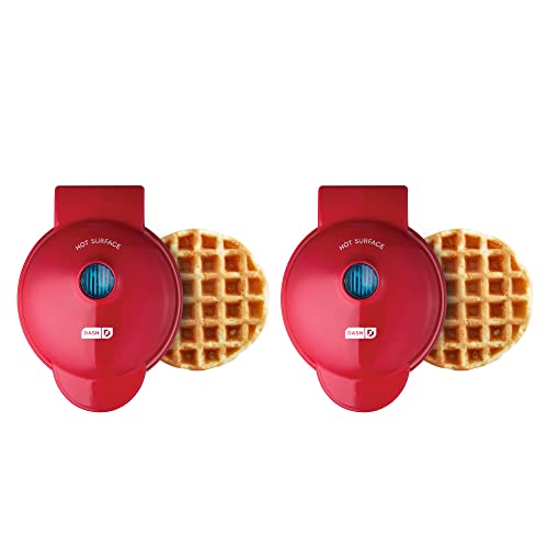 DASH Mini Waffle Maker (2 Pack) for Individual Waffles Hash Browns, Keto Chaffles with Easy to Clean, Non-Stick Surfaces, 4 Inch, Red