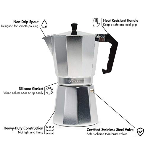 Primula Classic Stovetop Espresso and Coffee Maker, Moka Pot for Italian and Cuban Café Brewing, Greca Coffee Maker, Cafeteras, 9 Espresso Cups, Silver