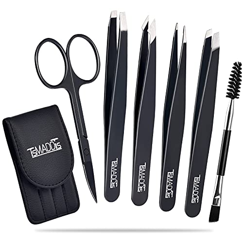 Tweezers Set and Curved Scissors, TsMADDTs Professional Stainless Steel Tweezers for Women and Men, 6 Pack Precision Tweezers For Eyebrows for Ingrown Hair, Daily Beauty Tool with Leather Travel Case