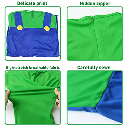HEYFIZZ Super Brother Mario Costume for Adults-Mario and Luigi Costume for Men Halloween Cosplay Jumpsuit with Accessory (Green, L)