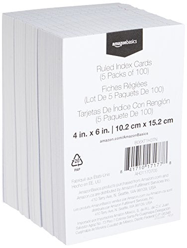 Amazon Basics Ruled Lined Index Note Cards, 500 Count, 5 Pack of 100, White, 4 in x 6 in