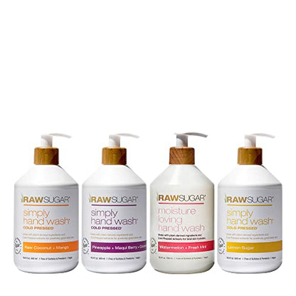 RAW SUGAR Hand Wash Variety Bundle - Lemon Sugar, Watermelon + Fresh Mint, Pineapple + Maqui Berry + Coconut & Raw Coconut + Mango, Formulated without Sulfates & Parabens (16.9 fl. oz, Pack of 4)