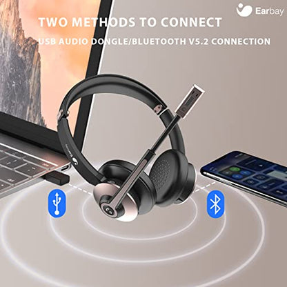 Bluetooth Headset with Microphone, Wireless Headset with Noise Cancelling Mic, On Ear Headphone with USB Dongle & Mute Button, 26hrs Talk time for PC/Office/Zoom/Skype Rose Gold