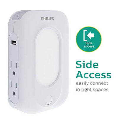 Philips Accessories 4-Outlet Extender 2-USB Surge Protector, Wall Adapter with Light-Sensing Night Light, Side Access, 3-Prong, Charging Station, SPP6241WC/37, White, 1 Pack