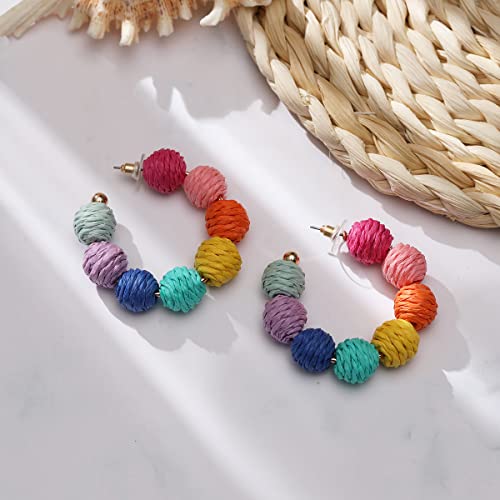 stainless steel Rattan Earrings Summer Boho Raffia Ball Hoop Dangle Earrings for Women Girls Lightweight Straw Wicker Statement Earrings Bohemian Beach Earrings Jewelry Gifts (Colorful)