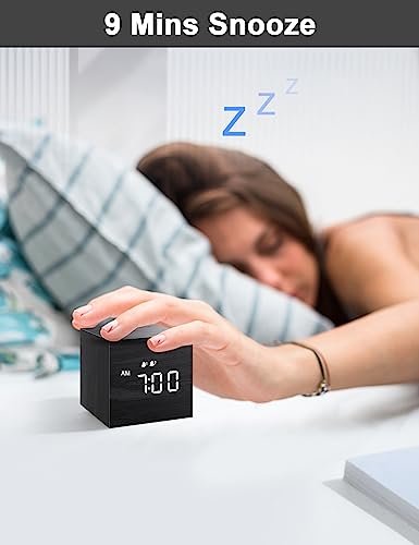 JALL Digital Alarm Clock, with Wooden Electronic LED Time Display, Dual Alarm, 2.5-inch Cubic Small Mini Wood Made Electric Clocks for Bedroom, Bedside, Desk, Black