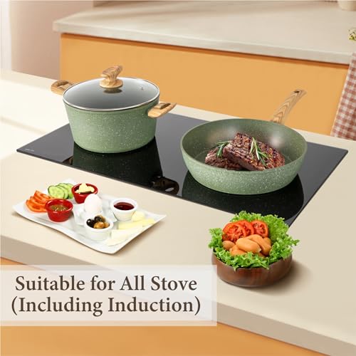 Kitchen Academy Induction Cookware Sets - 12 Piece Green Cooking Pan Set, Granite Nonstick Pots and Pans Set