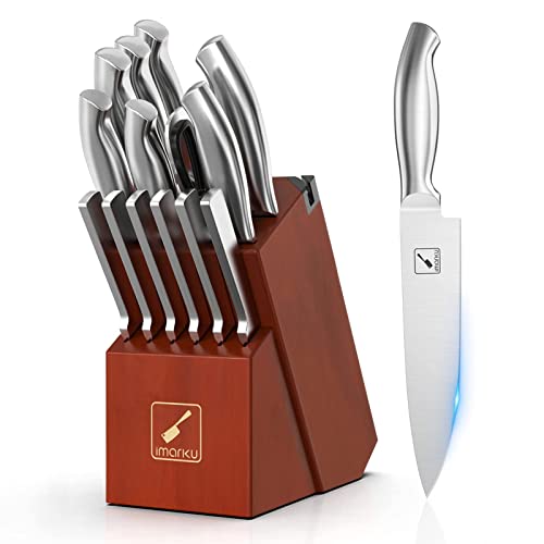 Knife Sets for Kitchen with Block, imarku Knife Set 15-Pieces High Carbon German Steel Kitchen Knife Set, Ultra Sharp Knife Block Set with Built-in Sharpener, Silver