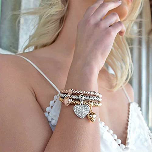 SILANER Crystal Charms Multilayer Bracelets - 3PCS Gold/Silver/Rose Gold Corn Chain Bracelet for Women, Tree of Life Heart Shaped Stretch Bracelet(Solid Hearts Charm)