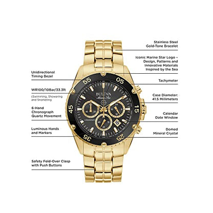 Bulova Men's Marine Star Gold Chronograph Stainless Steel Watch, Black Dial Style: 98B406