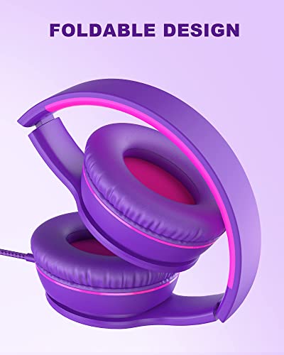 Elecder i45 On-Ear Headphones with Microphone - Foldable Stereo Bass Headphones with No-Tangle 1.5M Cord, 3.5MM Jack, Portable Wired Headphones for School/Kids/Teens/Smartphones/Travel/Tablet - Purple