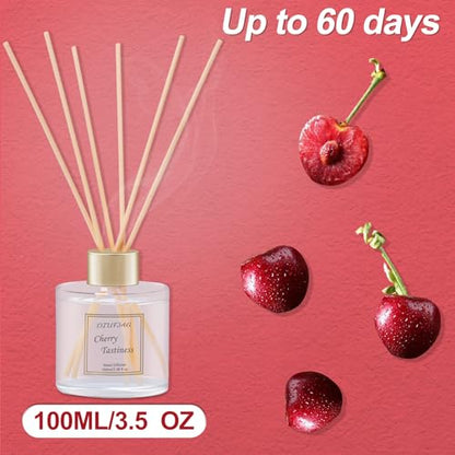 100ml Scent Diffuser with 6 Fiber Sticks, 3.5 oz Reed Diffuser Set Aromatherapy Fragrance Diffusers Air Fresheners for Home Bedroom Bathroom (Cherry)