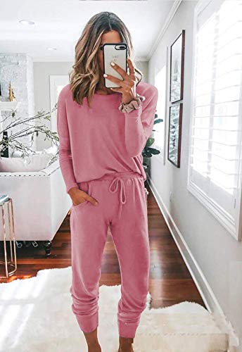 Fixmatti Womens 2 Piece Outfit Sweatsuit Cotton T-Shirt Long Pant Sport Set Pink L