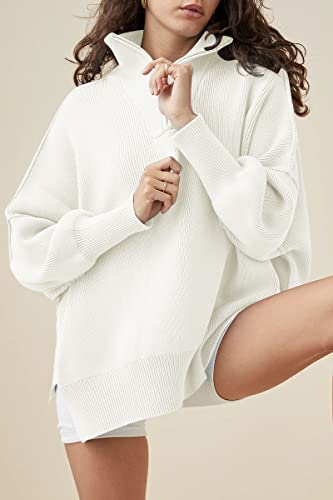 LILLUSORY White Winter Sweaters Winter Clothes 2023 Plus Size Sweaters Zipper Collared Sweatshirts Drop Shoulder Tunic Pullover Split Hem Knit Sweater Tops