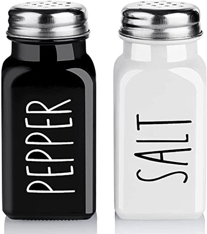 Bivvclaz Salt and Pepper Shakers Set, Cute Glass Spice Shaker with Stainless Steel Lid, Black and White Kitchen Table Decor and Accessories for Counter, for Kitchen Wedding Gifts, 2.7oz Each