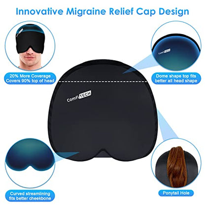 Comfitech Large Migraine Ice Head Wrap, Headache Relief Hat for Migraine Cap for Tension Puffy Eyes Migraine Relief Cap for Sinus Headache and Stress Relief Cold Compress (XL Black)