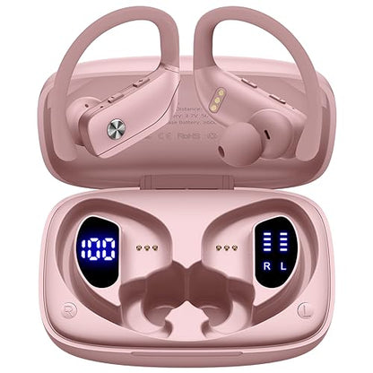 Wireless Earbuds Bluetooth Headphones 48hrs Play Back Sport Earphones with LED Display Over-Ear Buds with Earhooks Built-in Mic Headset for Workout Pink BMANI-VEAT00L