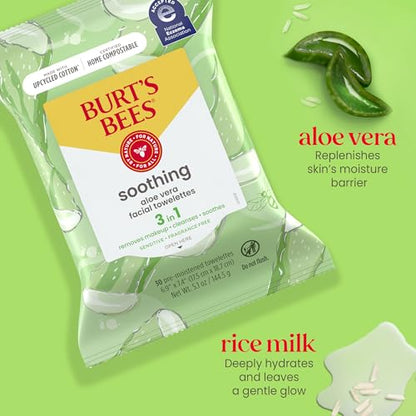 Burt's Bees Face Wipes, Makeup Remover Facial Cleansing Towelettes for Sensitive Skin, Hydrating with Aloe Vera, 30 Count (Pack of 3)