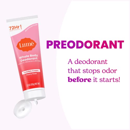 Lume Whole Body Deodorant - Invisible Cream Tube - 72 Hour Odor Control - Aluminum Free, Baking Soda Free, Skin Safe - 3.0 ounce (Pack of 2) (Peony Rose)