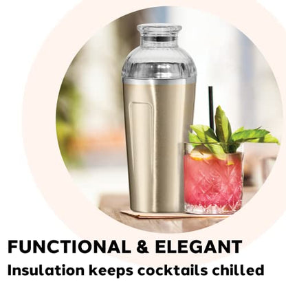 Oggi Groove Insulated Cocktail Shaker-17oz Double Wall Vacuum Insulated Stainless Steel Shaker, Tritan Lid has Built In Strainer, Ideal Cocktail, Martini Shaker, Margarita Shaker, Gold (7404.4)