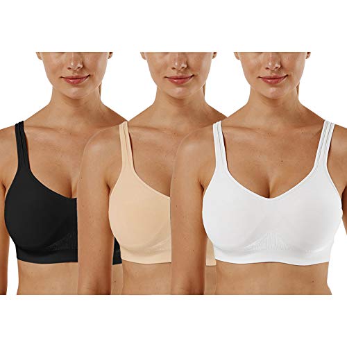 Vertvie Wirefree Bras for Women Seamless Full Cup Sports Bras Plus Size Bralette Adjustable Workout Bra for Everyday Wear(3 Pack-Black+White+Khaki,2XL)