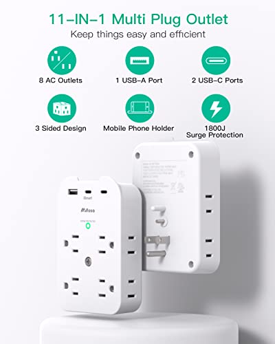 Mifaso Outlet Extender - Wall Surge Protector with 8 Outlets 3 USB 2 USB C, 1 USB A Multi Plug Outlet Splitter, Wall Mount Adapter with Top Phone Holder for Home, School, Office 1800 Joules