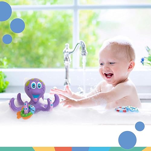 Nuby Floating Purple Octopus Toy with 3 Hoopla Rings - Baby Bath Toy for Boys and Girls 18+ Months