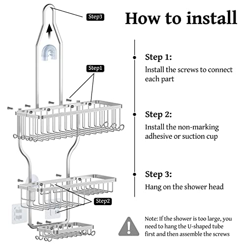 YASONIC Hanging Shower Caddy Over Shower Head with 10 Hooks for Razor/Sponge, Soap Basket Never Rust Aluminum , Large - Silver