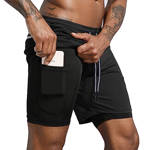 Leidowei Men's 2 in 1 Workout Running Shorts Lightweight Training Yoga Gym 7" Short with Zipper Pockets Froest Green S